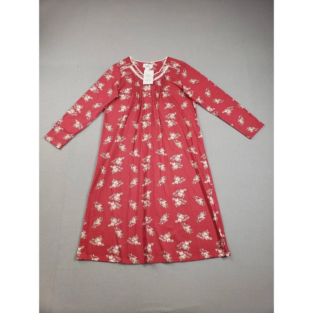 Casual Nights Women Nightgown L Red Floral V Neck Long Sleeve Pullover Sleepwear
